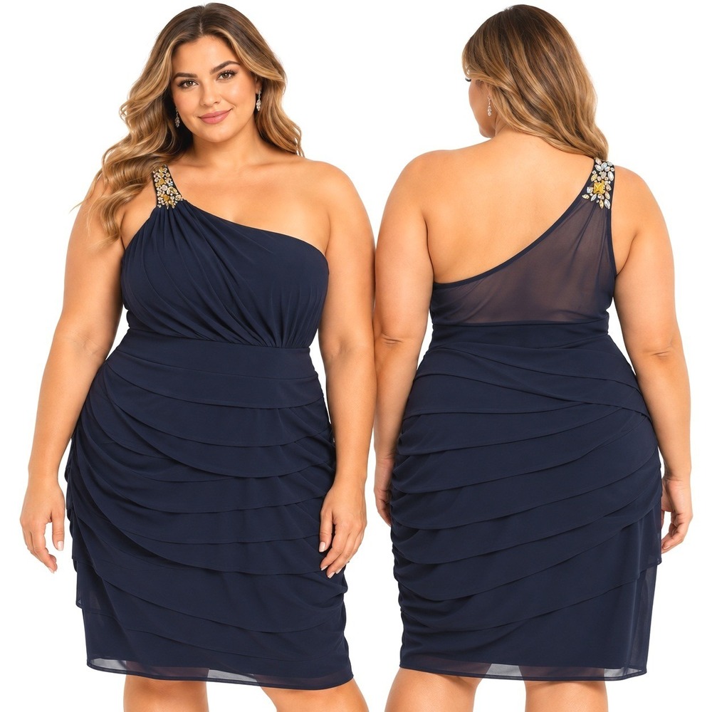 Deb One Shoulder Dress 3X Navy Blue Rhinestone Ruched Plus Size Cocktail Party
